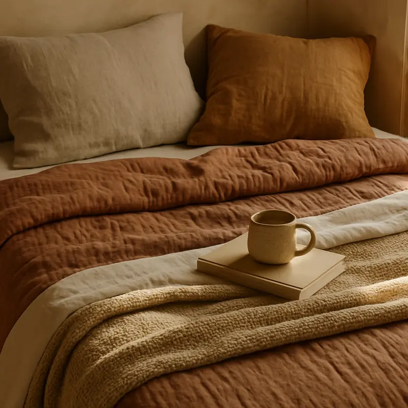 Cozy bed with layered linen pillows
