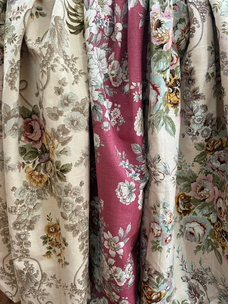 Hanging bolts of vintage fabric in the Canowindra workshop